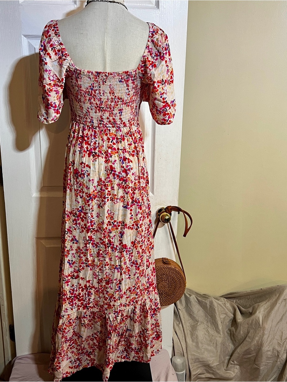 LoveStitch Wms Cream Red Floral Pleated Smocked Cottagecore Maxi Dress S/M - Picture 5 of 11